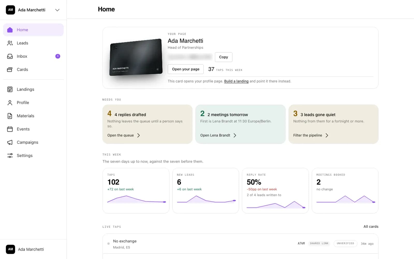 Dashboard: taps, leads and replies