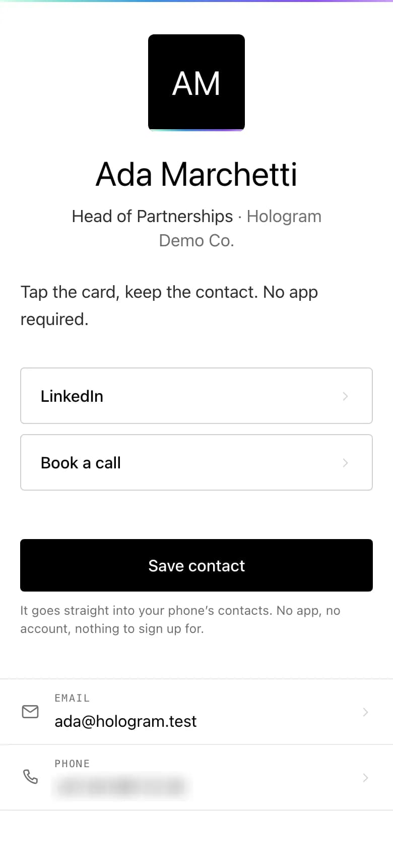 Tap page: save the contact in one tap
