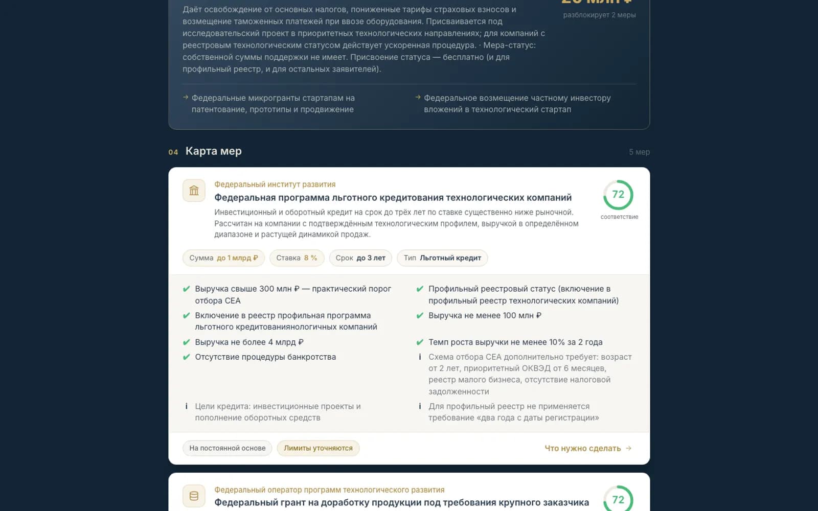Matching support measures with criteria breakdown