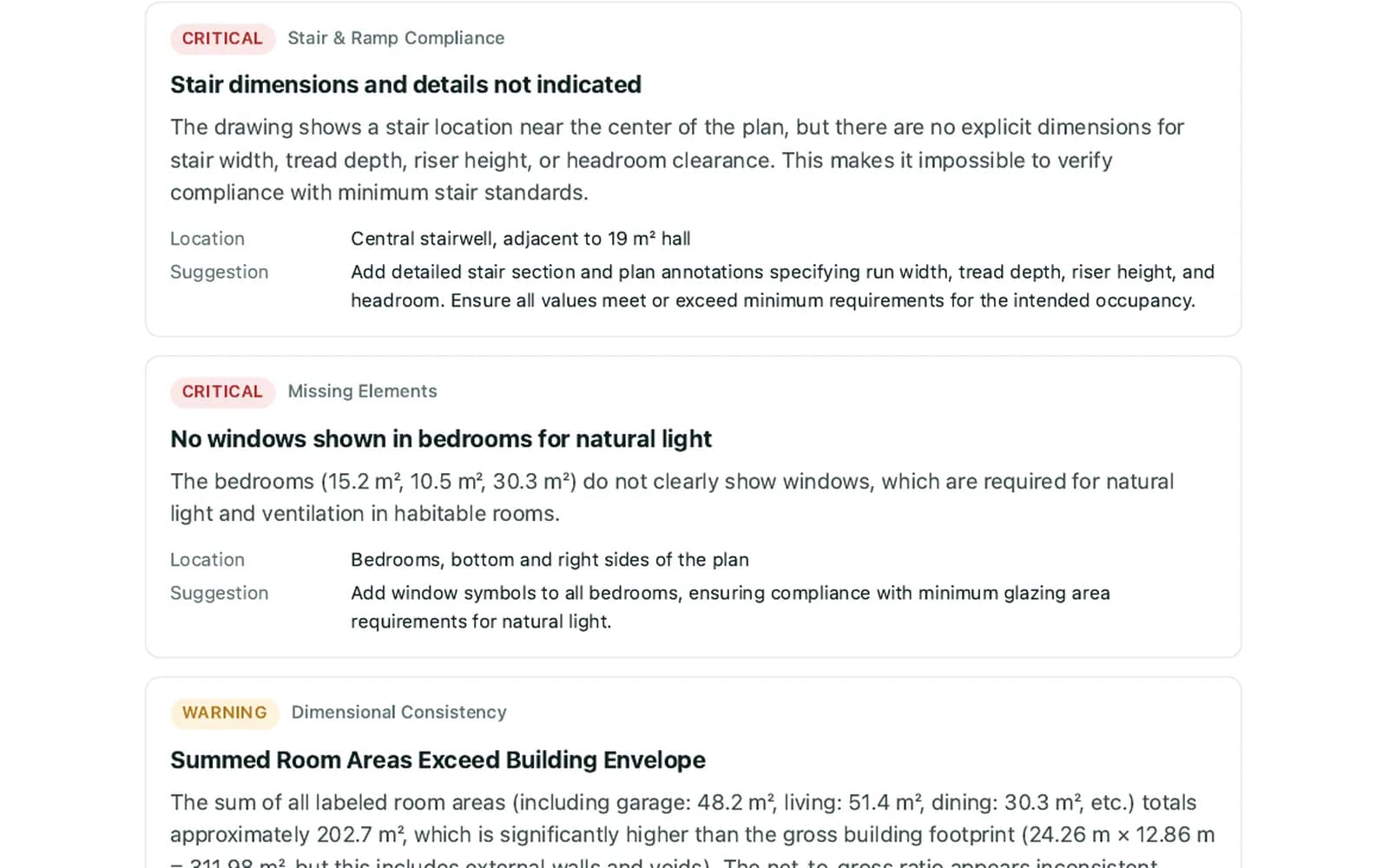 Critical findings with location on the drawing and a suggested fix