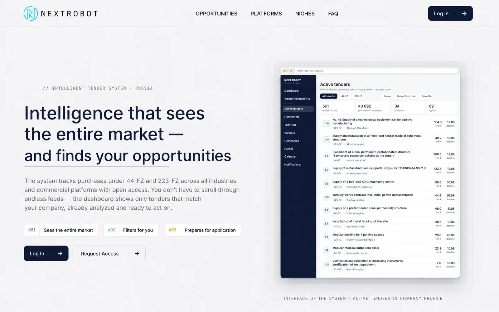 Next Robot platform interface: Next Robot Tender Intelligence