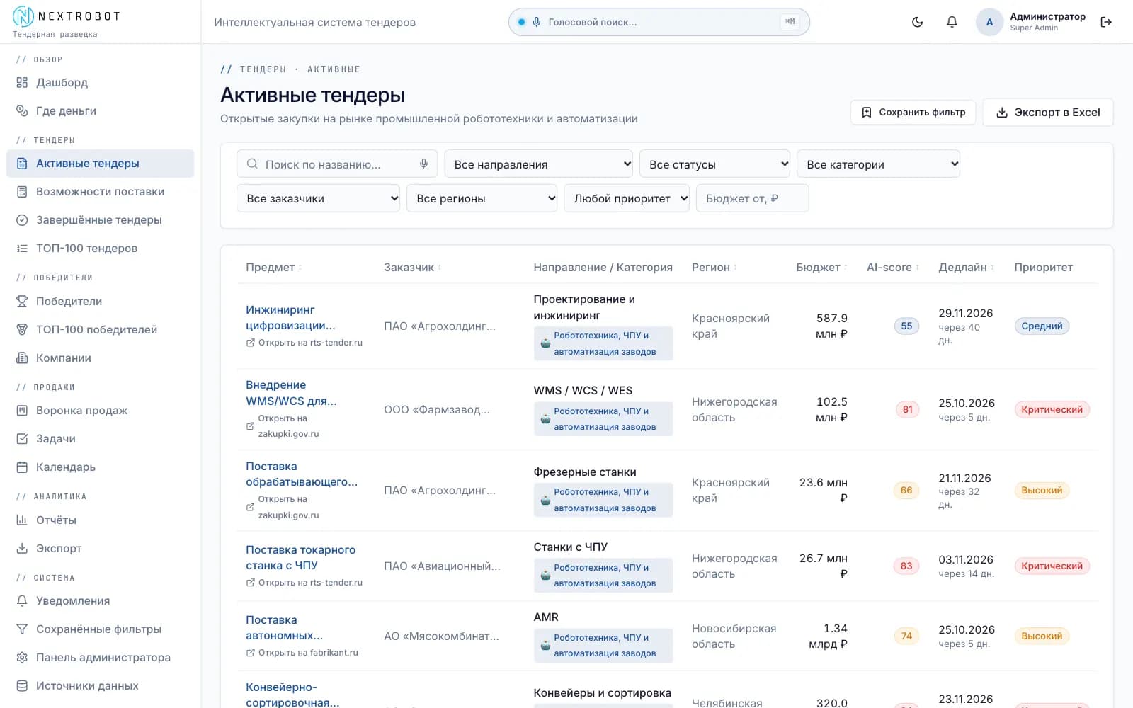 Active tenders filtered and scored by AI