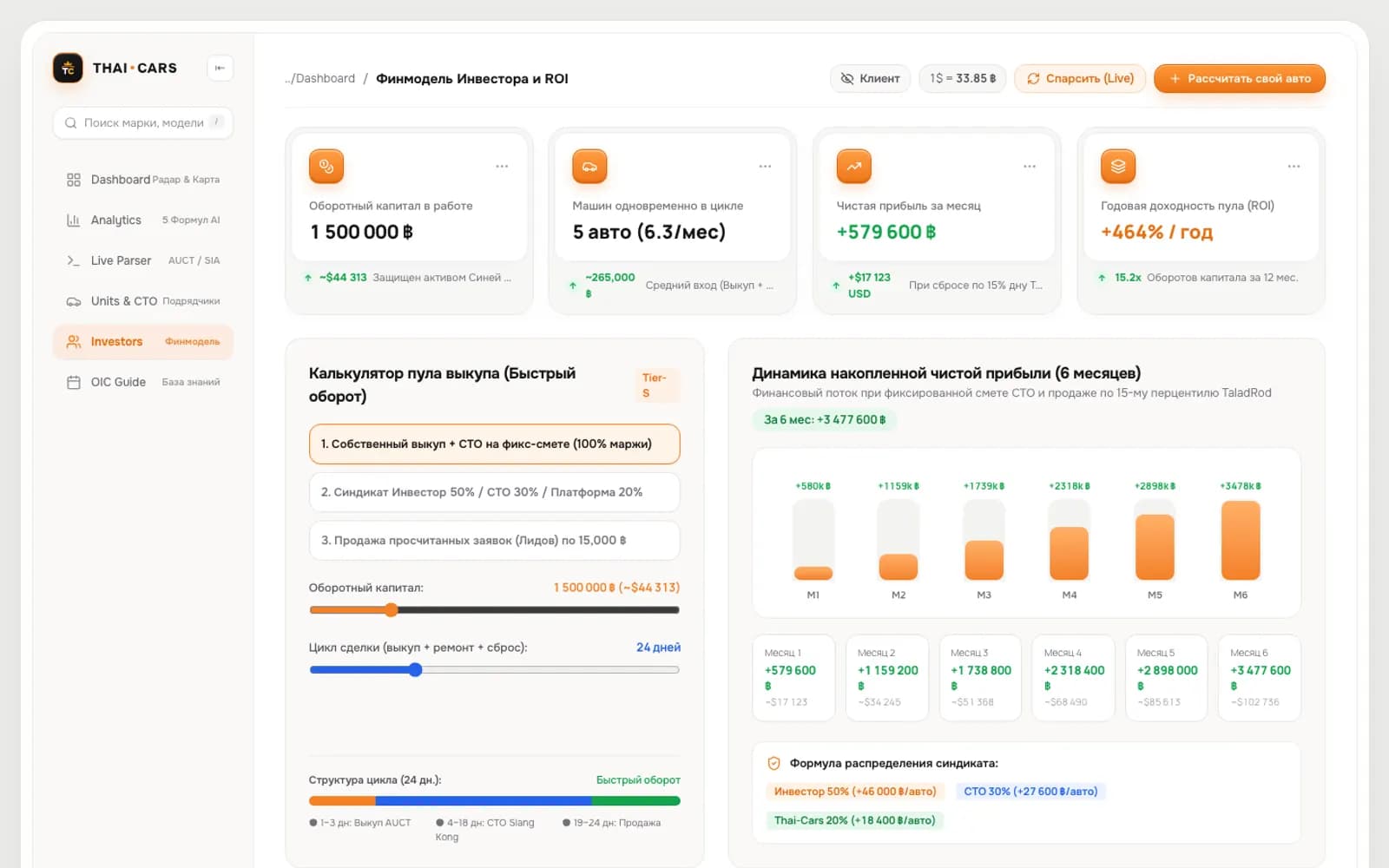Investor model: turnover and ROI