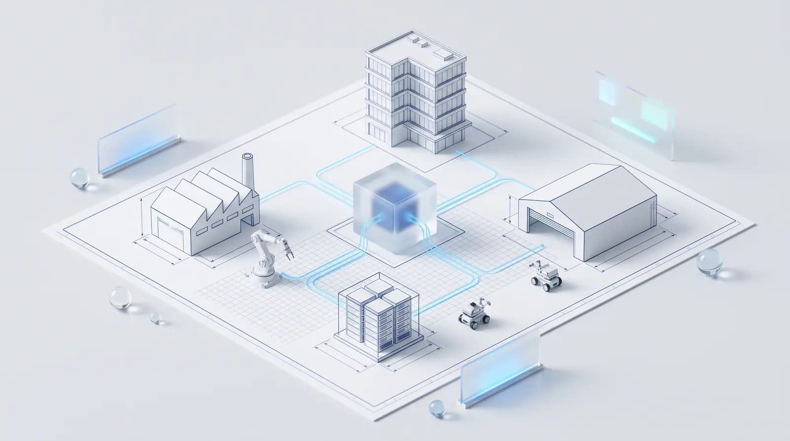 Blueprint of a digital enterprise: a factory, an office, a server room and a warehouse connected to one AI core