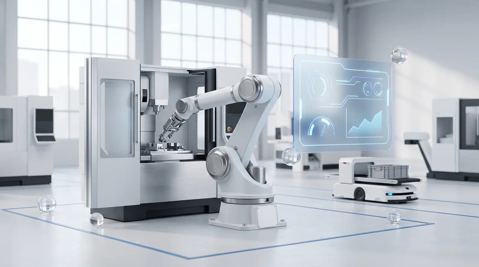 White industrial robot arm tending a CNC machine in a bright factory cell, with an autonomous mobile robot in the background