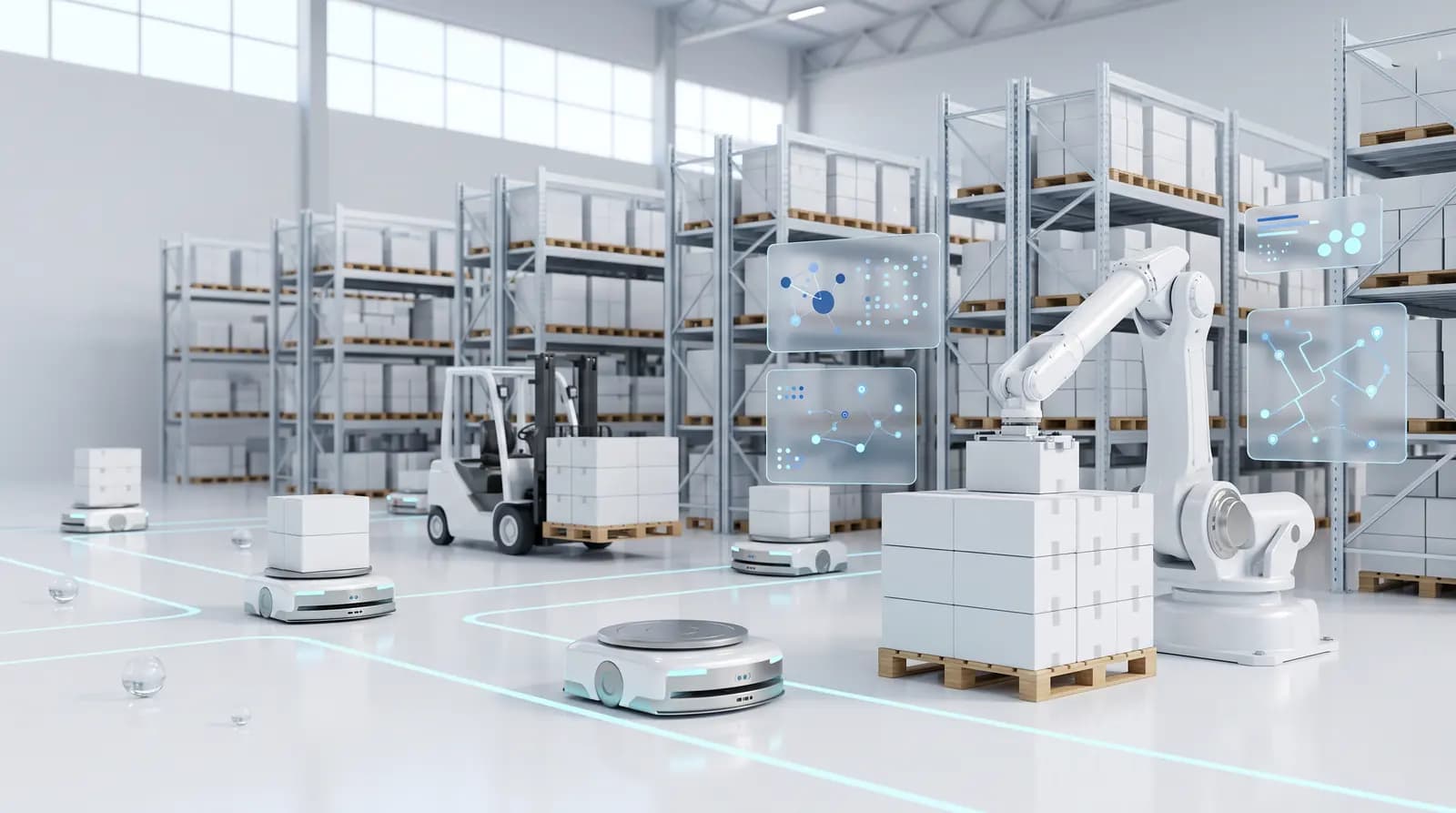 Bright automated warehouse with autonomous mobile robots, an autonomous forklift and a palletizing robot arm