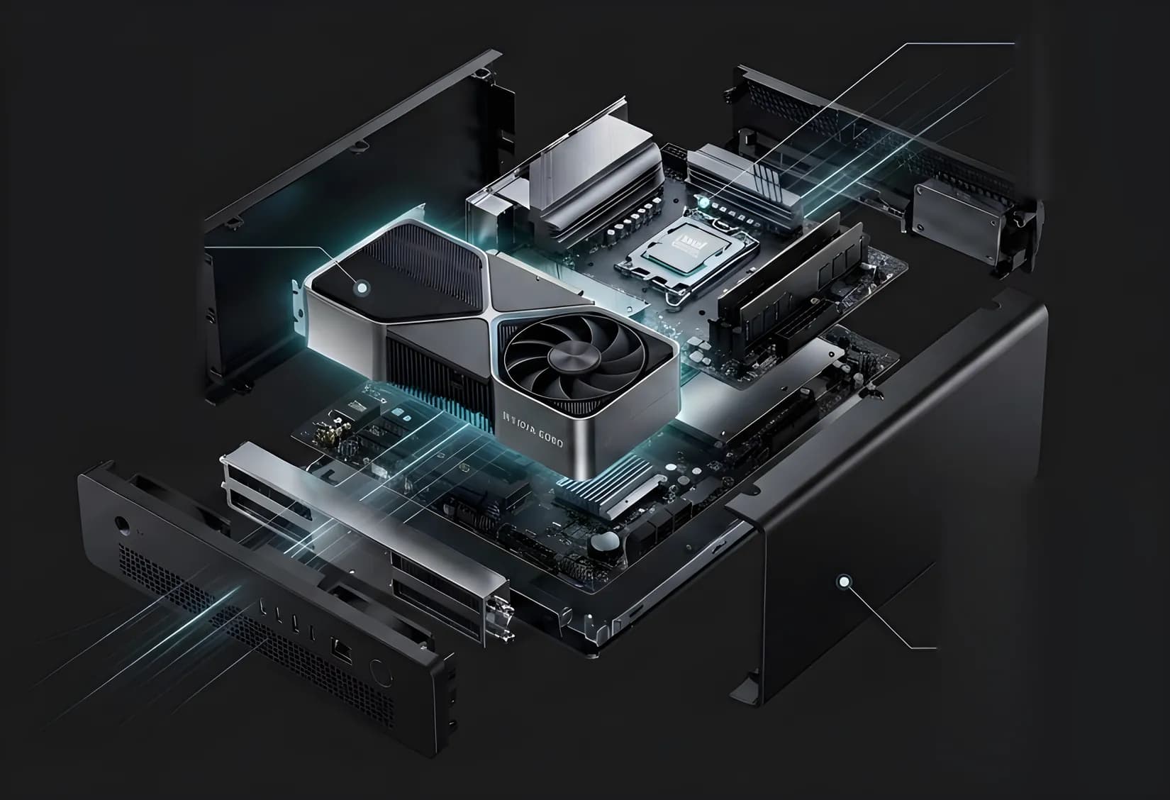 Exploded view of the Next Robot Local AI server: NVIDIA RTX 5090 graphics card, Intel Core Ultra 9 processor and memory