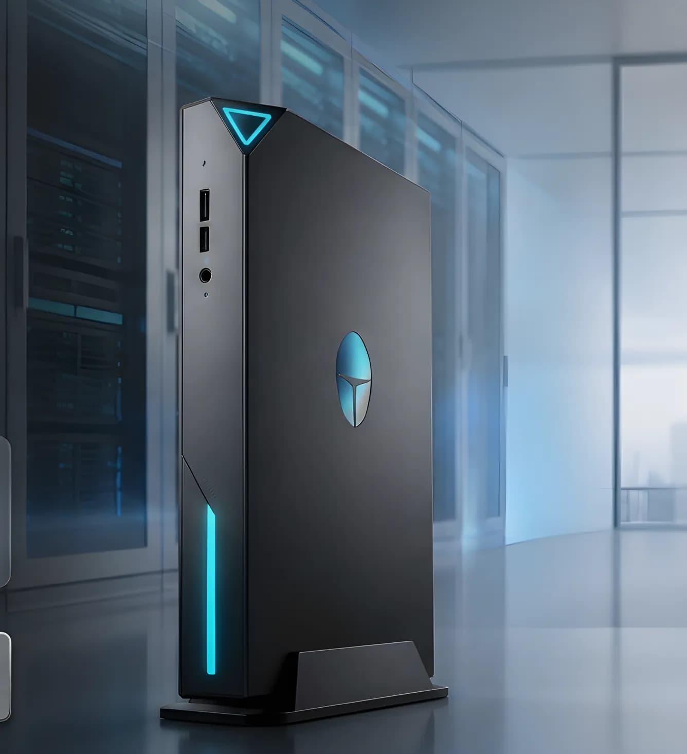 Compact Next Robot Local AI server with a cyan triangle logo in a server room